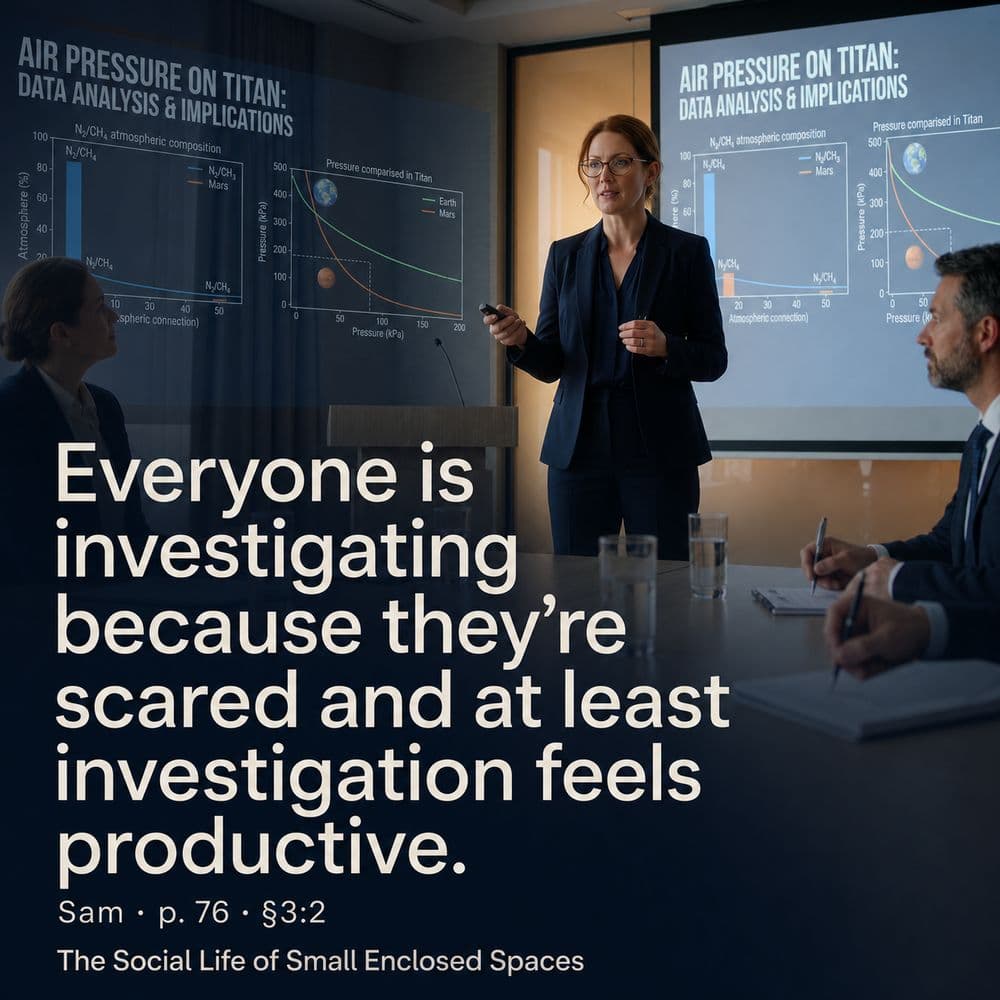 Everyone is investigating because they're scared and at least investigation feels productive. Sam, p. 76.